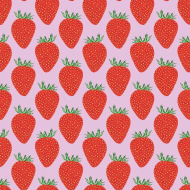 Pembe arka planda kırmızı çilekler. Ayrı ayrı böğürtlenler. Vektörsüz desen.