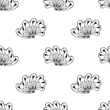 Soyut çiçeklerin siyah beyaz desenleri. Süslerin ayrıntılarını beyaz arkaplanda ayır. Kusursuz vektör deseni.