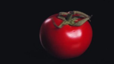 Büyük kırmızı domatesin yakın çekimi. Domates yavaş çekimde karanlıkta döner. Siyah bir arka plan üzerinde bir domates yatıyor. Domates döner. Kırmızı Domates. Yemek performansı. Gıda video. 