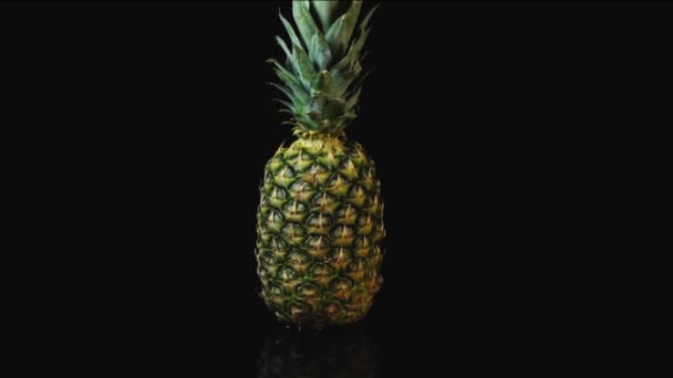 Frische Ananas Stehen Auf Schwarzem Hintergrund Eine Ganze Ananas Auf — Stockvideo