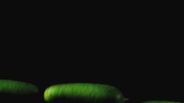 Cucumbers Black Mirror Table Vegetables Black Background Food Video Slow — Stock Video