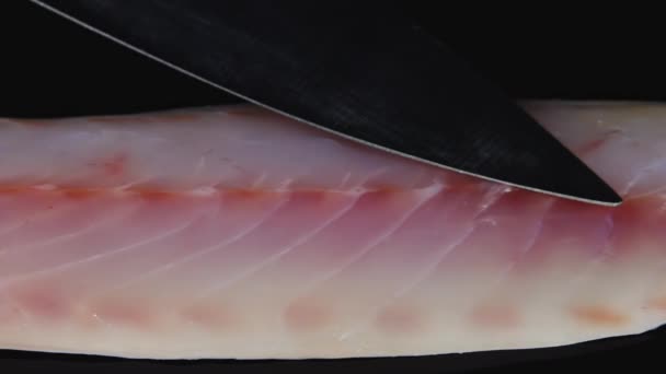 Filete Pescado Está Fondo Negro Macro Comida Video Cámara Lenta — Vídeo de stock