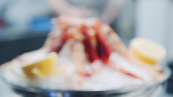 Tiger Shrimp Shrimp Dish Shrimps Ice Lemons Beautiful Seafood Serving — Stock Video