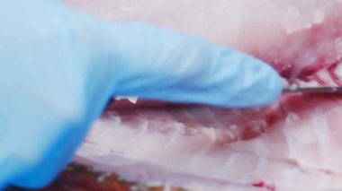 Balık kes. Balık kesme. Balıklar pişer. Bıçak balığı kesiyor. Taze deniz ürünleri. gıda video makro 