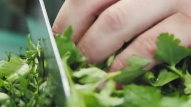 Chef Che Taglia Verdure Qualcuno Sta Tagliando Verdi Sulla Lavagna — Video Stock