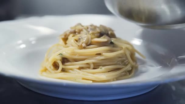 Chef Está Poniendo Pasta Plato Alguien Está Cocinando Pasta Italiana — Vídeo de stock