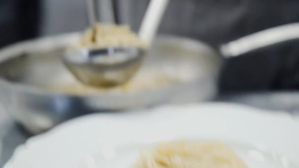 Chef Está Poniendo Pasta Plato Alguien Está Cocinando Pasta Italiana — Vídeo de stock