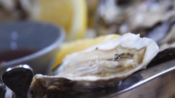 Grote Oesterschotel Oesters Serveren Een Visrestaurant Oesters Ijs Met Citroen — Stockvideo