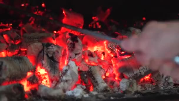 木製のストーブの中で美しい石炭 明るい石炭だ ストーブの中の火 — ストック動画
