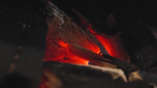烤肉中的木炭正在烧焦 火在燃烧 烤肉用的火烤肉的火 慢镜头关闭食物视频 — 图库视频影像
