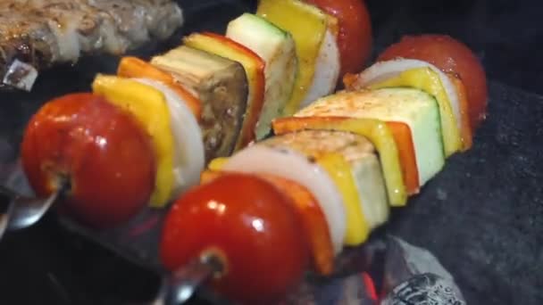 Někdo Smaží Zeleninový Gril Šéfkuchař Připravuje Zeleninový Kebab Zeleninové Kebab — Stock video