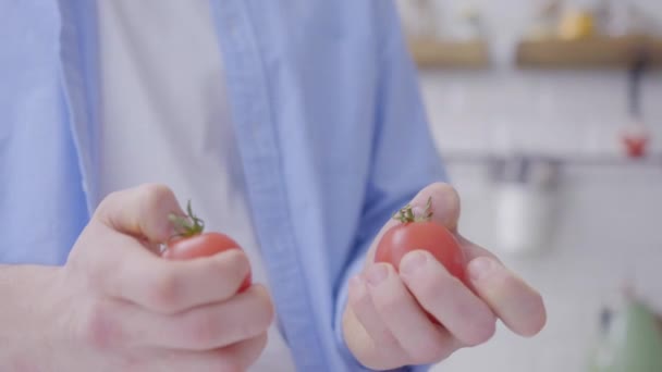 シェフはトマトを掃除しています 手とトマト チェリートマトと珍しいフレーム 誰かがトマトのトリックをしてる — ストック動画
