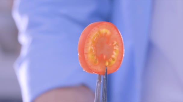 Tomatskivor Snurrar Tomat Närbild Kocken Håller Bit Tomat Med Tång — Stockvideo