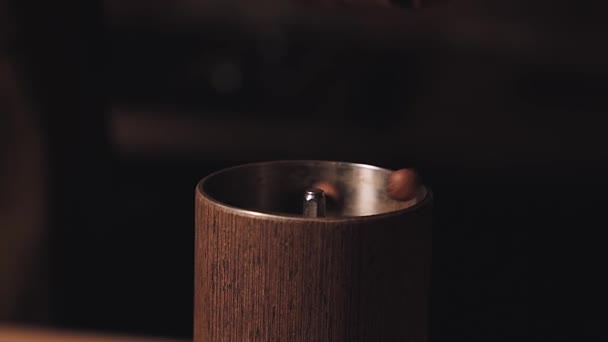 Coffee Beans Falling Slow Motion Coffee Pouring Coffee Grinder Raw — Stock Video