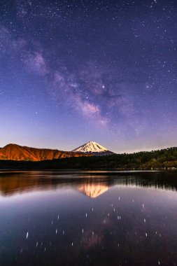 Japonya'da Saiko gölünde Fuji dağı üzerinde yükselen Samanyolu