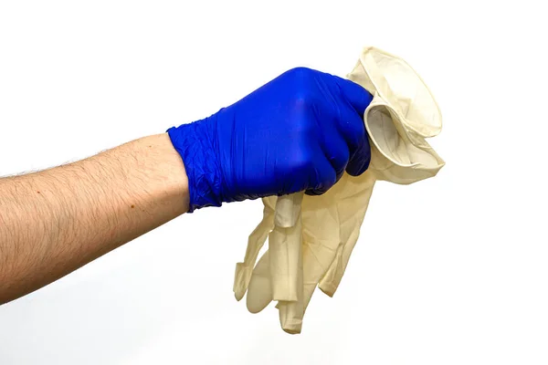 Hand Blauem Schutzhandschuh Zittert Weiße Handschuhe Auf Weißem Hintergrund — Stockfoto