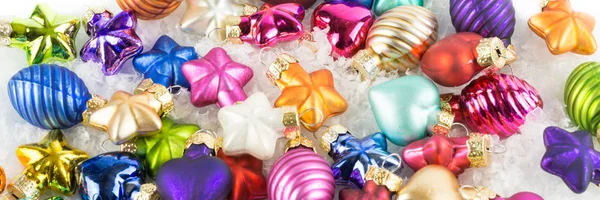 Lot Colourful Christmas Balls Snow Banner — Stock Photo, Image