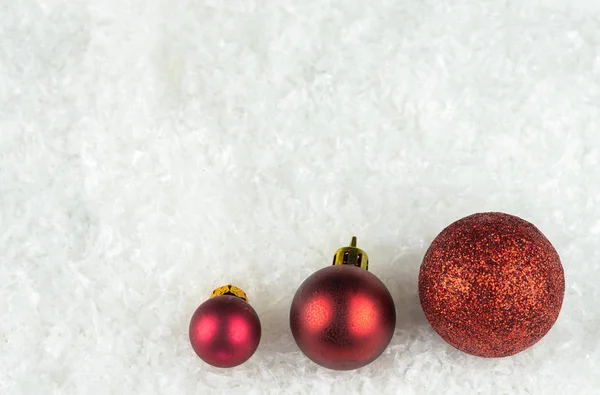 Three Red Christmas Baubles Snow Copy Space — Stock Photo, Image