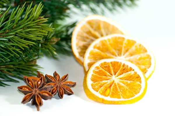 Orange Slice Star Anise Fir Branch White Background — Stock Photo, Image