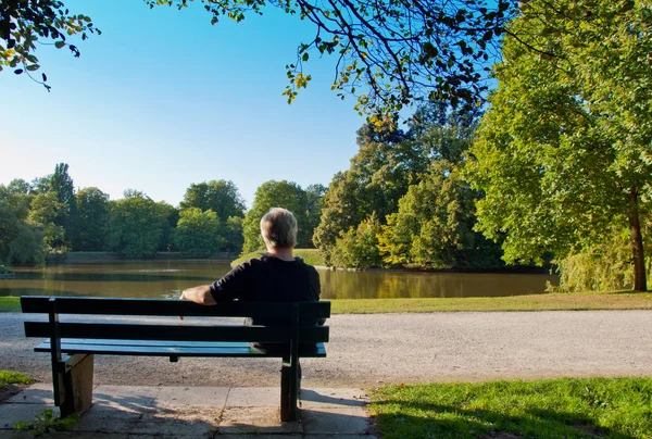 Senior Sitzt Allein Auf Holzbank Park — Stockfoto