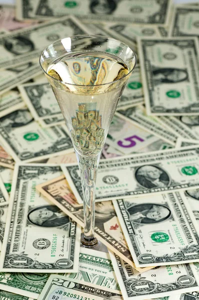 Glass Champagne Many Dollar Banknotes — Stock Photo, Image
