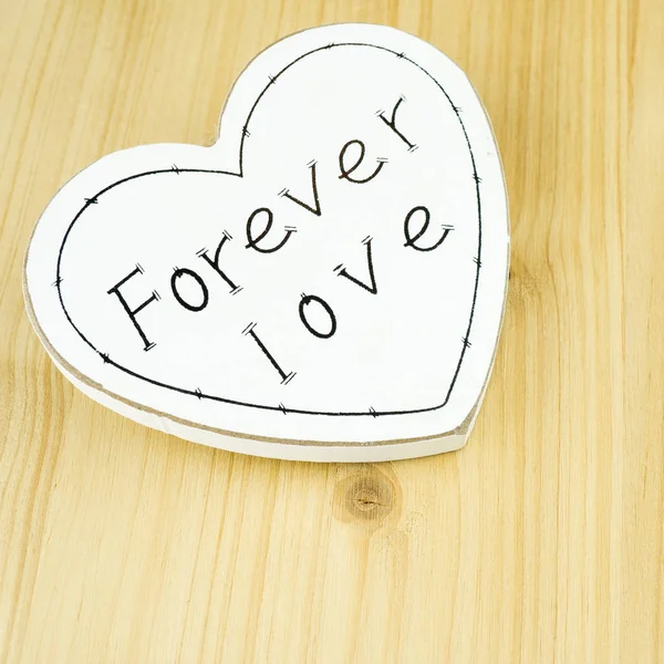 White Wooden Heart Words Forever Love Wooden Background Square — Stock Photo, Image