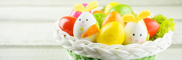 Easter Basket Colorful Easter Eggs Two Funny Easter Bunnies Banner — Stock Photo, Image
