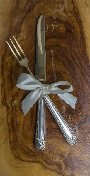 Silverware Satin Ribbon Wooden Rustic Table — Stock Photo, Image