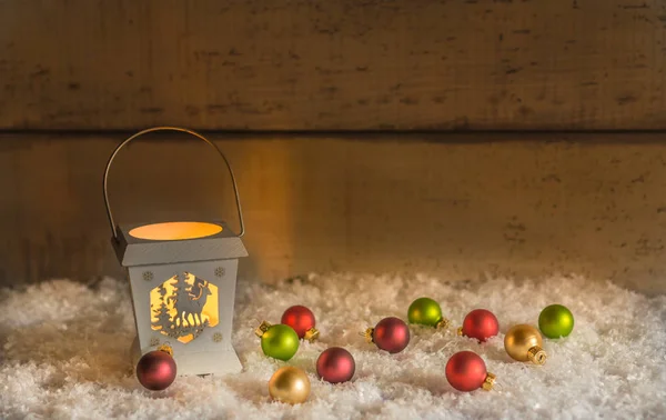Little Lantern Snow Christmas Baubles Copy Space — Stock Photo, Image