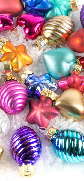 Lot Colourful Christmas Balls Snow Banner — Stock Photo, Image