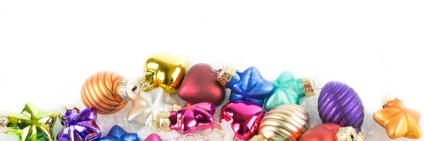 Lot Colourful Christmas Balls Snow Banner — Stock Photo, Image