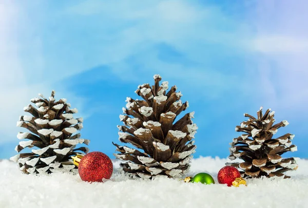 Three Fir Cones Christmas Ornaments Snow — Stock Photo, Image