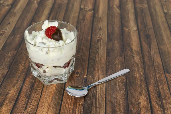 Delicious Raspberry Dessert Glass Wooden Background Copy Space — Stock Photo, Image