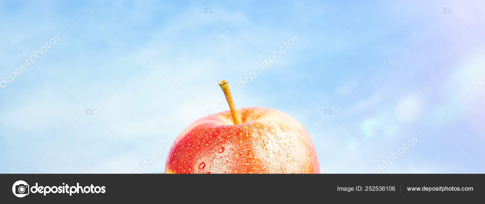 新鲜的红色苹果水果与水滴蓝天背景和复制空间 图库照片 C Angelarohde