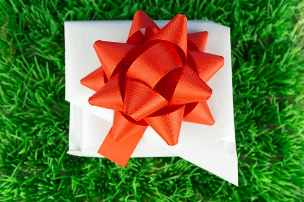 Ein Weiß Verpacktes Geschenk Mit Roter Schleife Auf Einer Grünen — Stockfoto