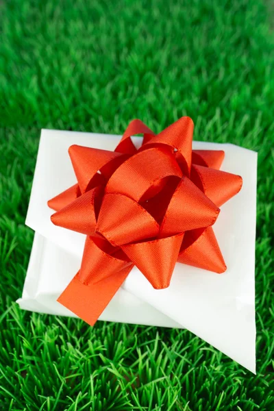 Ein Weiß Verpacktes Geschenk Mit Roter Schleife Auf Einer Grünen — Stockfoto