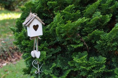 Bahçede güzel beyaz ahşap bir kuş evi