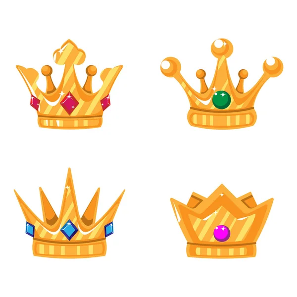 Набір Золотих Коронних Іконок Дорогоцінними Каменями Колекція Коронних Нагород Переможців — стоковий вектор