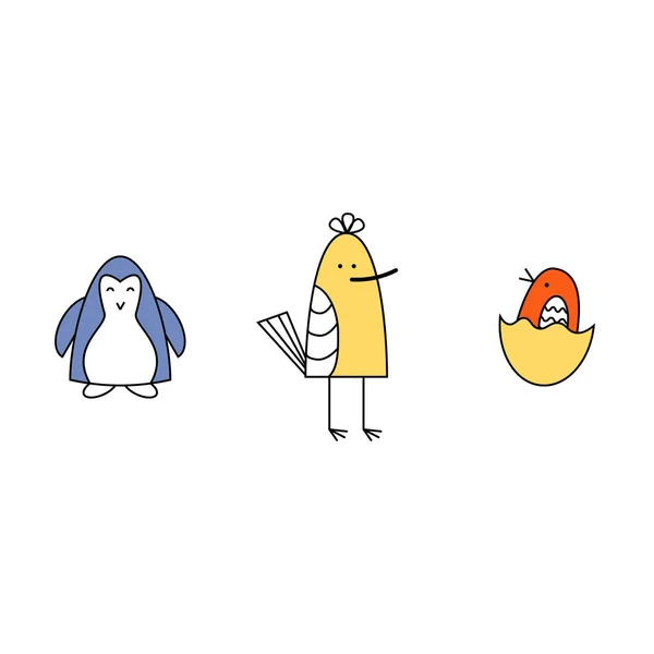 向量例证。一套三只小鸟。蓝色、黄色、橙色. — 图库矢量图片
