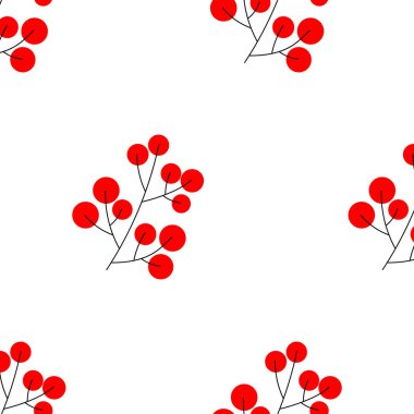 Noel holly dalı şenlikli tasarımı beyaz arka plan üzerinde izole için öğe çilek. Vektör çizim. Kırmızı meyveler seamless modeli.