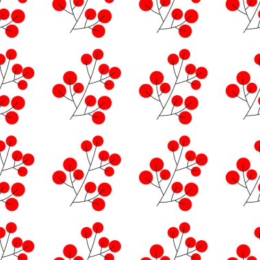 Noel holly dalı şenlikli tasarımı beyaz arka plan üzerinde izole için öğe çilek. Vektör çizim. Kırmızı meyveler seamless modeli.