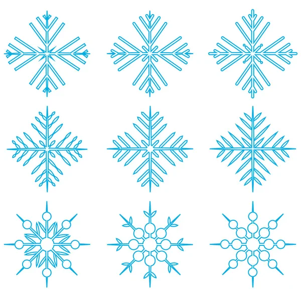Schneeflocke Winter Set von blau isoliert neun Symbol Silhouette auf weißem Hintergrund. Linienstil. — Stockvektor