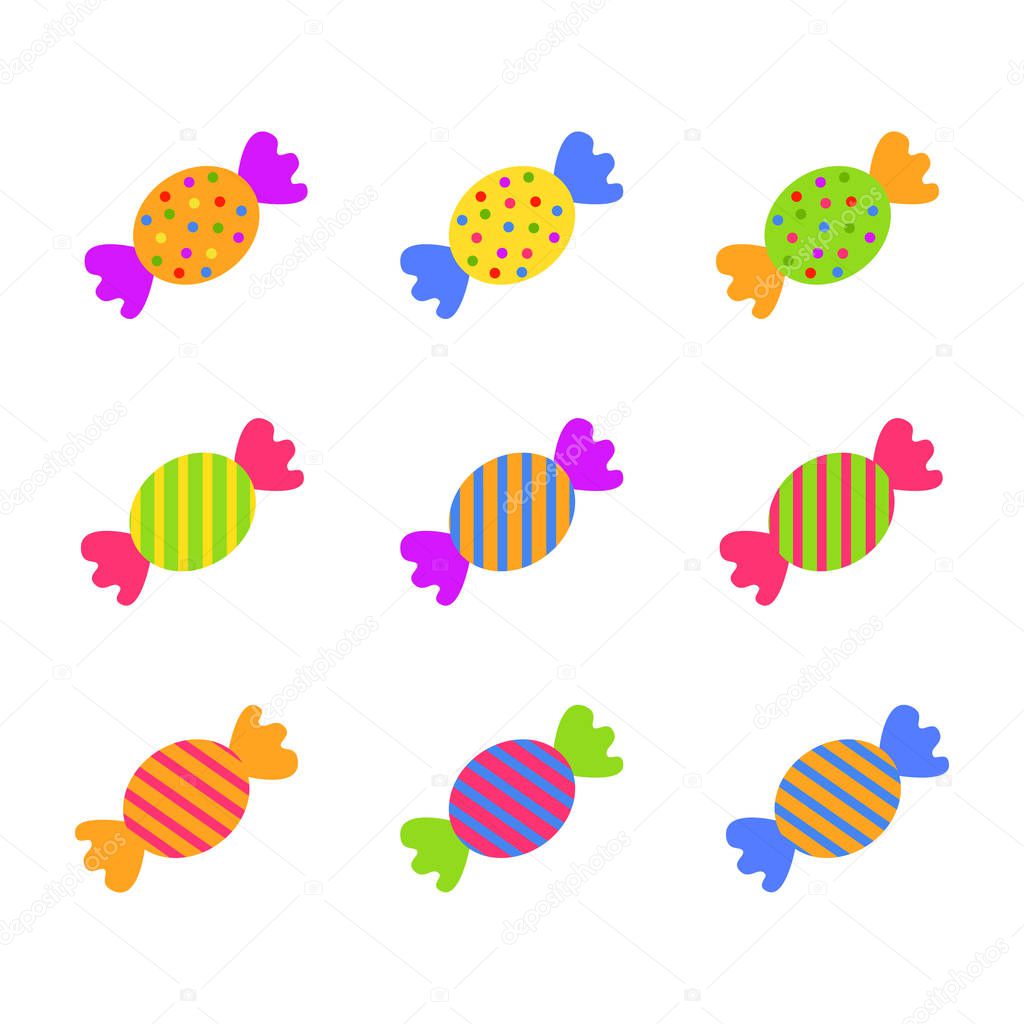 Sweet colorful candies flat icons set isolated vector illustration on white background.