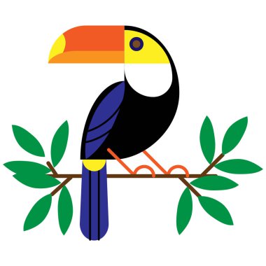 Vektör çizim tropikal yaprak ve dal kuş toucan ile. Beyaz arka plan üzerinde izole egzotik kuş.