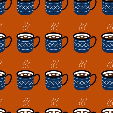 Sıcak çikolata şekerleme, süsleme ile mavi fincanla. Dikişsiz Noel Kış desen. vektör çizim.