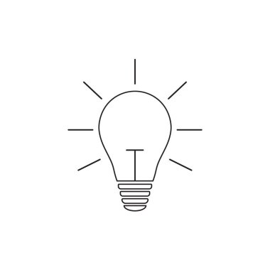 Ampul satır simge vektör, beyaz arka plan üzerinde izole. Fikir işareti, çözüm, düşünme kavramı. Aydınlatma elektrik lambası. Elektrik. Grafik tasarım, Web sitesi, Kullanıcı arabirimi için stil satır. EPS
