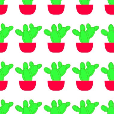 Kaktüs ile vektör dikişsiz desen. Saksıda yeşil kaktüs ile parlak tekrarlanan doku. Çöl bitkileri ile doğal arka plan.