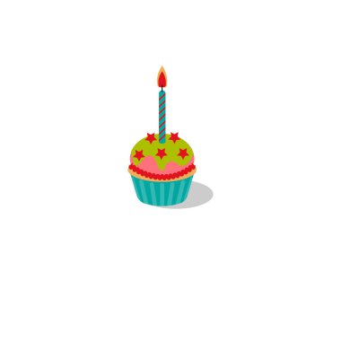 Vektör çizimi beyaz arka planda yalıtılmış. Yanan mumlu doğum günü keki. Krema ve yıldız ile Cupcake.