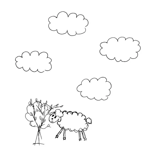Vektorové Ručně Tažené Doodle Kreslený Ovce Jíst Listí Stromu Bush — Stockový vektor