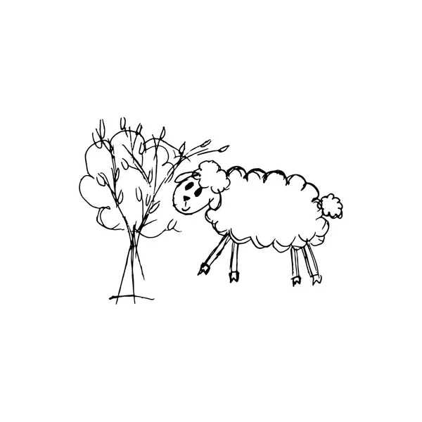 Elle Çizilmiş Doodle Karikatür Koyun Ağaç Bush Resim Yapraklarından Yemek — Stok Vektör
